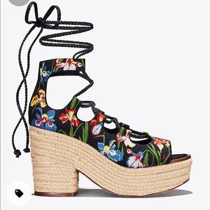 Tory Burch Embroidered Stacked Strappy Sandals